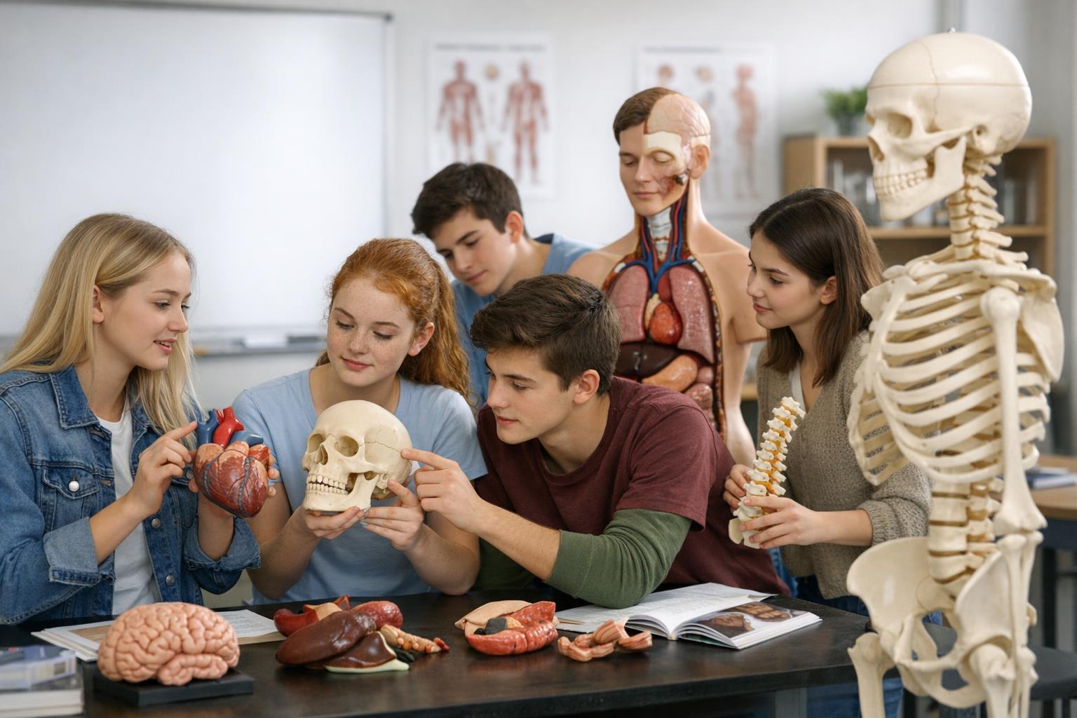 Uczniowie analizujący modele anatomiczne podczas zajęć