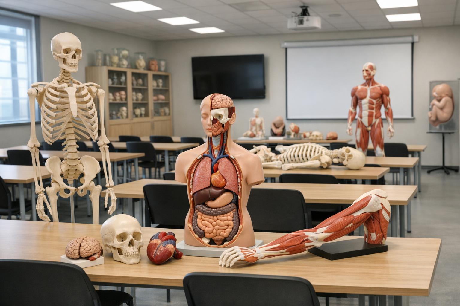 zdjęcie sali dydaktycznej z modelami anatomicznymi na stołach