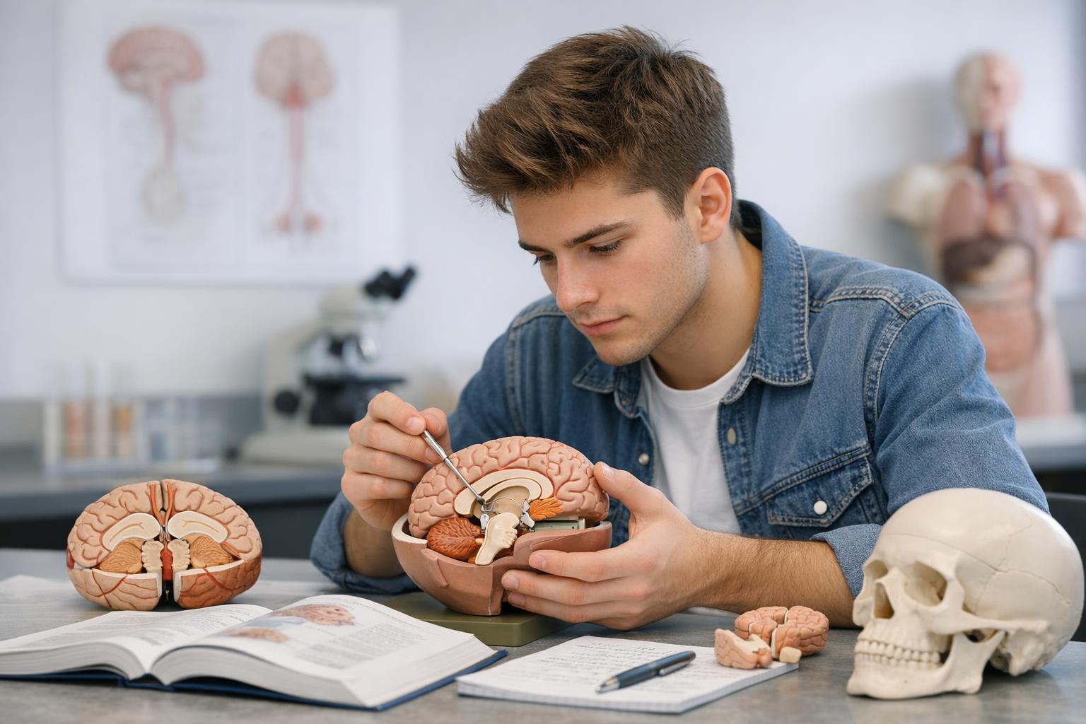 zdjęcie studenta pracującego z modelem anatomicznym mózgu